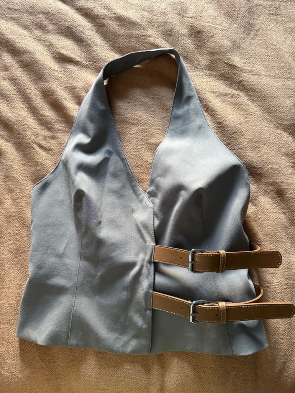 Sleek taupe Zara Halter Crop Top with Tan Buckle Straps